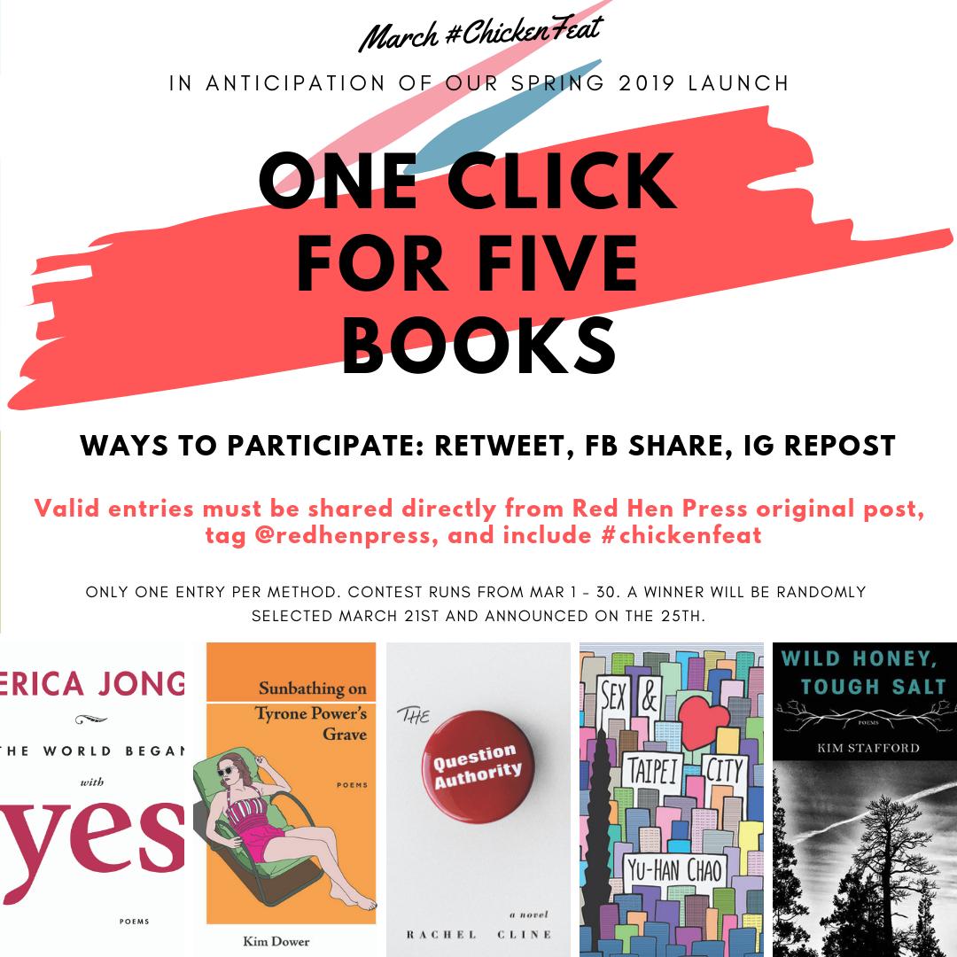 RedHenPress's tweet photo. March #ChickenFeat contest is here! Enter to win books by @EricaJong, @krs_stafford, #RachelCline, #KimDower, and #YuHanChao! All you have to do is just RT! Follow the guidelines for a valid entry! https://t.co/CFNGDjvz3I