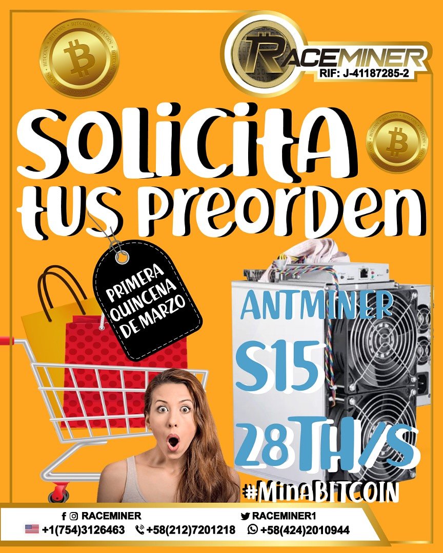 Raceminer1's tweet photo. ¡PREORDEN PARA PRIMERA 
QUINCENA DE MARZO💡! ¡Solicitala ya!🔥 #antminer S15 28TH/S💰👏 lista para minar #bitcoin ¡Activate!⬅. 
Contáctanos:

_ ☎️+58(212)7201218
_📲+58(424)2010944
_ 🇺🇸+17543126463
📩ventas@raceminer.com

https://t.co/CjQ3v89MT6 https://t.co/6pejQvC93i