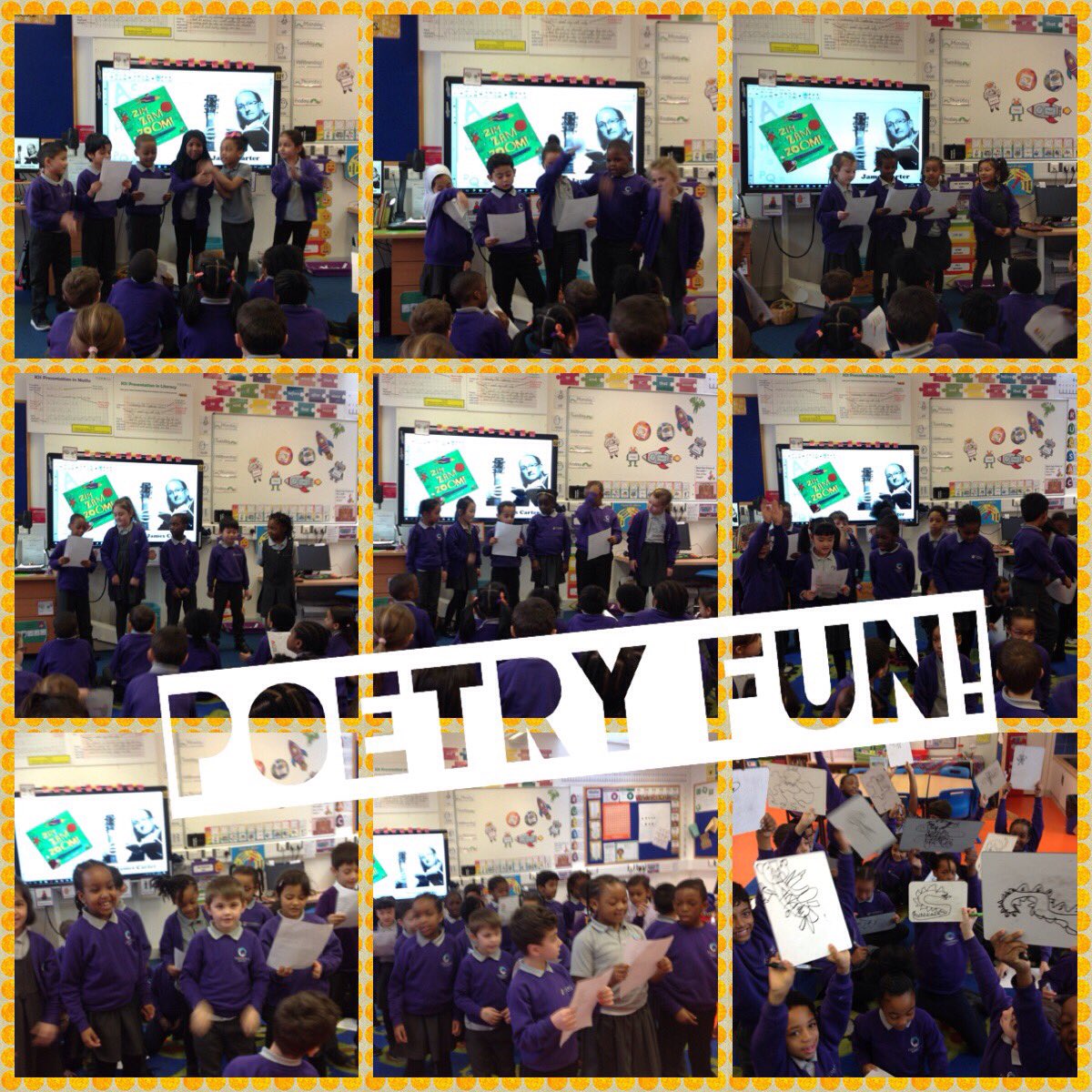 TidemillAcademy's tweet photo. Year 2 are getting all prepped and ready for our poetry-themed Book Week next week! Today we have been learning a special poem by the brilliant @jamescarterpoet. Watch this space for updates! #poetrylearning #letsinventamonster @clpe1. JB https://t.co/ENOPWR0rA1