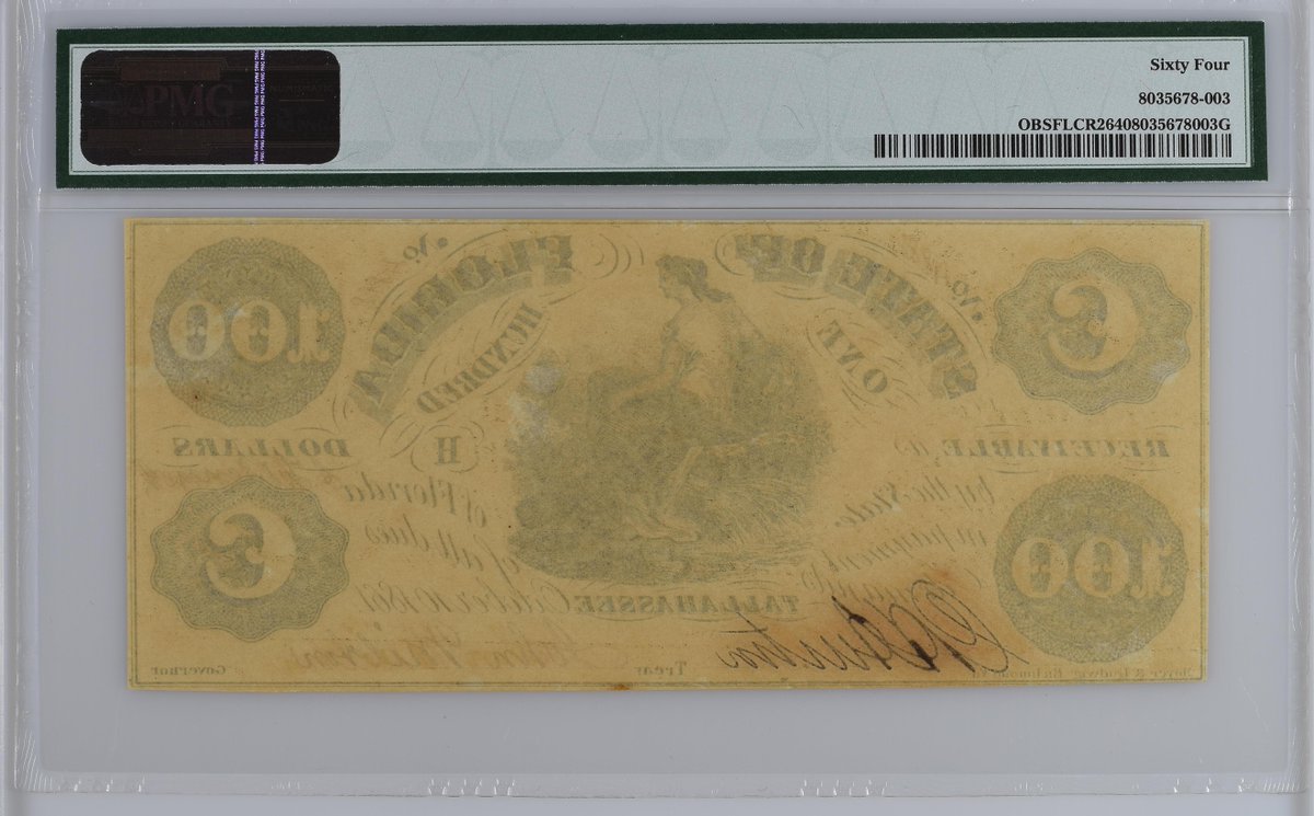 PMGnotes's tweet image. Note of the Day: Florida, Tallahassee (State of Florida) 1861 100 Dollars.  On March 3, 1845, Florida became the 27th state to join the union.  #pmg #pmgnotes #papermoney #currency #banknote #banknotes #note #notes #florida #tallahassee #dollar