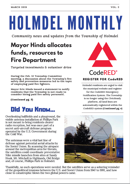 HolmdelTwp's tweet photo. Find a fire department update from Mayor Eric Hinds, upcoming programming for special needs individuals, details on the Township's transition to the CodeRED notifications system and much more in the March edition of the Holmdel Monthly newsletter.

https://t.co/Pwmhas3tpn https://t.co/2HFM2mzGCI
