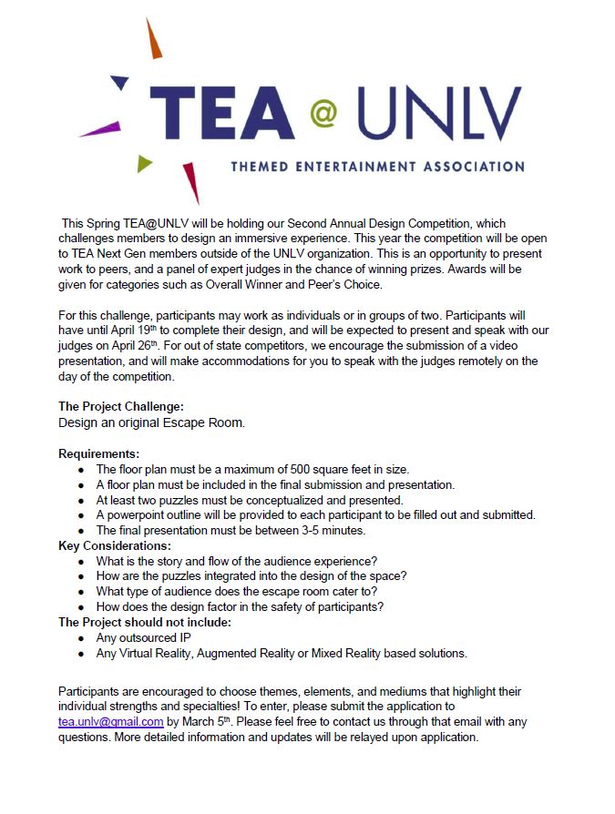 TEA@UNLV invites TEA NextGen members to submit designs to their 2nd annual Design Competition! The challenge: Design an original Escape Room. #ThemedEntertainment <a href="/TEA_Connect/">ThemedEntertainment</a> 

Submit application by MARCH 5 
Designs due APRIL 19

Download the application: bit.ly/UNLVDesignComp