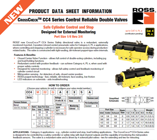 Our new CrossCheck CC4 Series Safety directional valve is used in applications where controlling &amp; stopping a cylinder is necessary for safe operator access during production-related tasks.  To view the data sheet, click here: bit.ly/2UeYHhu