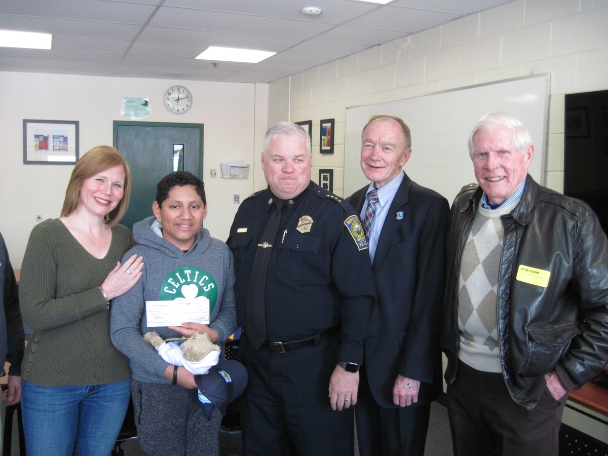 On 2-28-2019, went to the Hopkington Middle School and gave a $5,000.00 to the family of Gabriel Sanchez, a 13 year old boy from Hopkington, who has Leukemia. In photo left to right, mother Kerri, Gabriel, Chief Edward Lee, and Bill Coulter and Bob Faherty from CFKWC.