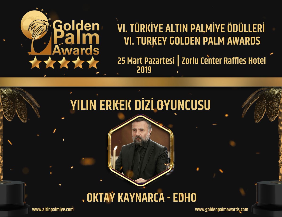 6. Turkey Golden Palm Awards (6.Türkiye Altın Palmiye Ödülleri) halk oylaması sona erdi. altinpalmiye.com üzerinden yapılan halk oylaması sonucu ‘Yılın Erkek Dizi Oyuncusu’ 25.238 oyla Oktay Kaynarca oldu.
#altınpalmiyeödülleri #altinpalmiyeodulleri #goldenpalmawards2019
