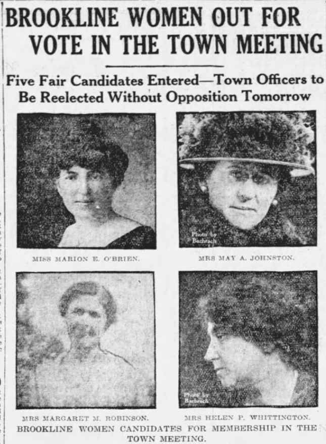 BrooklinePast's tweet photo. On this date in 1921 the four women pictured here, plus a fifth (Sybil Holmes) became the first to run for Town Meeting member in Brookline. All except Marion O'Brien were elected. Women, eligible to vote for TMMs for the first time, made up 47% of the electorate. https://t.co/et7aTg11sC