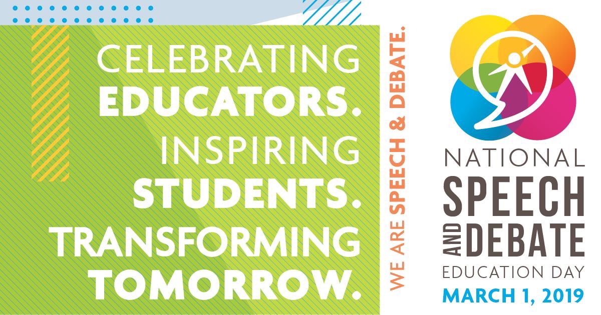 CHunschofsky's tweet photo. Today is National @speechanddebate Education Day. Thank you to all the coaches, teachers and volunteers who have given students the opportunity to participate in this activity. I have seen first hand the positive impact participating in speech and debate has on students. https://t.co/P2yE5hfEoN