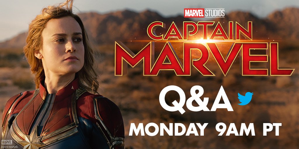 MarvelStudios's tweet photo. The cast of #CaptainMarvel will be answering your questions live on Twitter this Monday at 9:00AM PT. 
Reply with your questions for @BrieLarson, @SamuelLJackson, @ClarkGregg, @LashanaLynch, &amp; Ben Mendelsohn.  💫 https://t.co/8jNjsQQasH