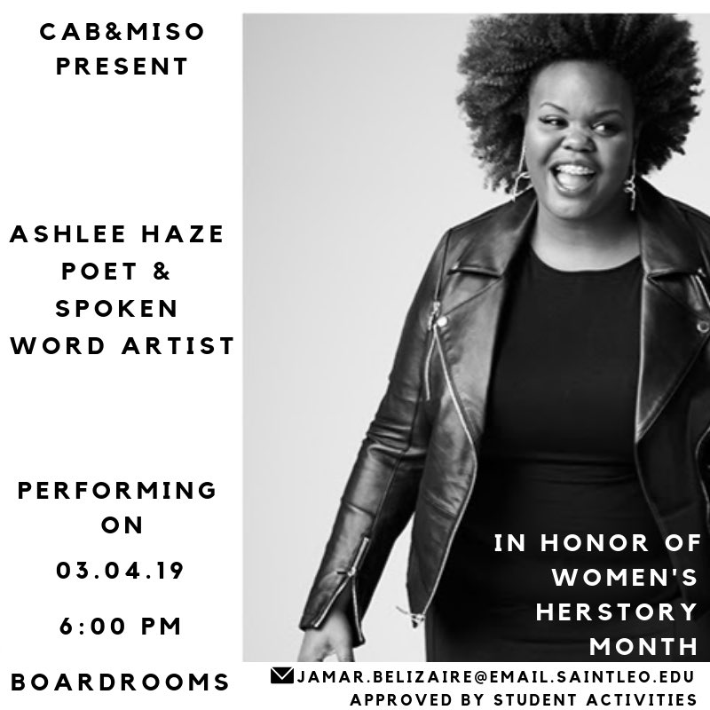 SaintLeoCAB's tweet photo. This Monday Ashlee Haze will be performing her slam poetry and spoken word art in the boardrooms starting at 6 PM! Can’t wait to see you all there! https://t.co/umt9YR3rOj