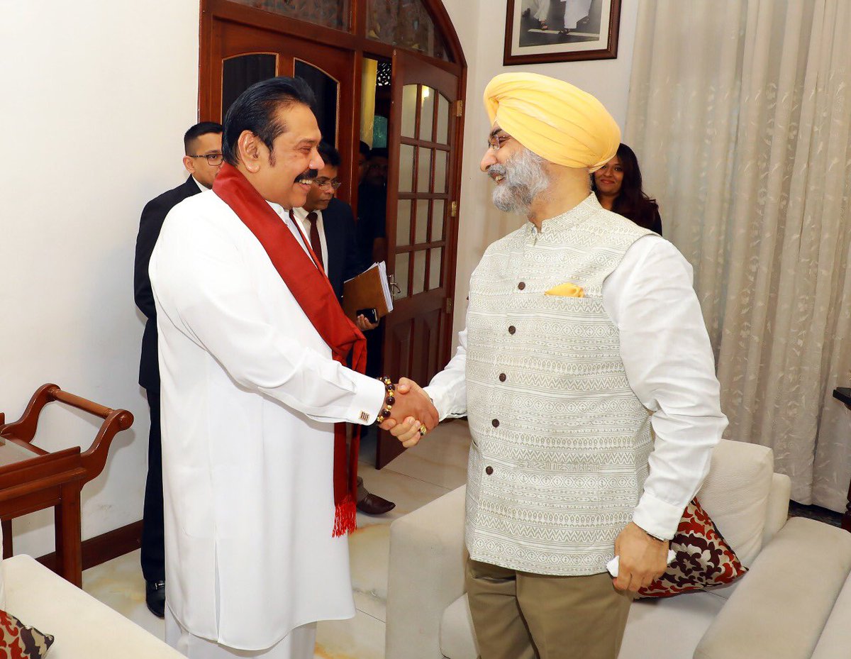 PresRajapaksa's tweet photo. Indian H.C, H.E.Taranjith Singh Sandhu visited me to provide an update on developments that followed recent terrorist attacks in Kashmir. I believe this situation can be resolved with peaceful dialogue between the respective leadership &amp; by the region uniting to defeat terrorism. https://t.co/wG8FT33V6R