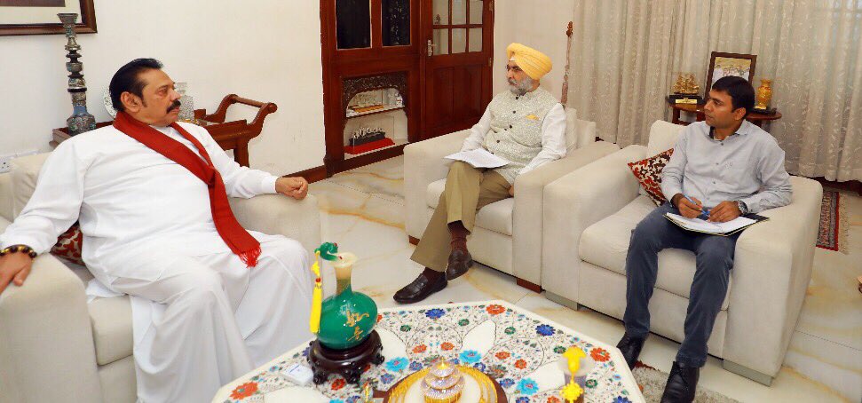 PresRajapaksa's tweet photo. Indian H.C, H.E.Taranjith Singh Sandhu visited me to provide an update on developments that followed recent terrorist attacks in Kashmir. I believe this situation can be resolved with peaceful dialogue between the respective leadership &amp; by the region uniting to defeat terrorism. https://t.co/wG8FT33V6R