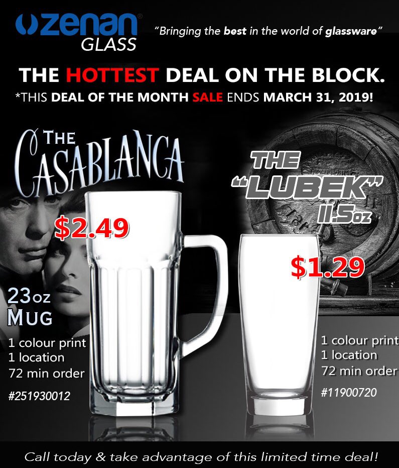 Zenan_Canada's tweet photo. For the month of March we have 2 great deals on 2 great items: the Casablanca, a 23oz mug, and the Lubek, an 11.5oz glass. Contact us for more information before the monthβs end! #dealofthemonth #customglass #customglassware #beeressentials https://t.co/44YNa9kPaY