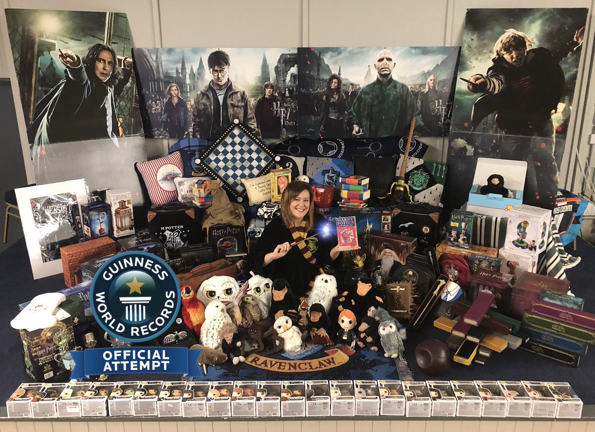 Vic__Maclean's tweet photo. So here is the official photo for my @GWR attempt yesterday for the biggest #HarryPotter collection. Thank you so much Karen for your help and to #MuseumContext for sponsoring me to get the results from Guinness quicker ๐ https://t.co/2iSN8cihfl