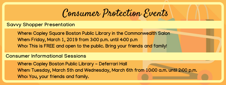 ConsumerBoston's tweet photo. Join us tomorrow for our Savvy Shopper Presentation or next week at our informational tabling at the Copley Library!
#MAConsumer #ConsumerProtection #TenantLandlord #HIC #Rights https://t.co/BI2ZrLELIK