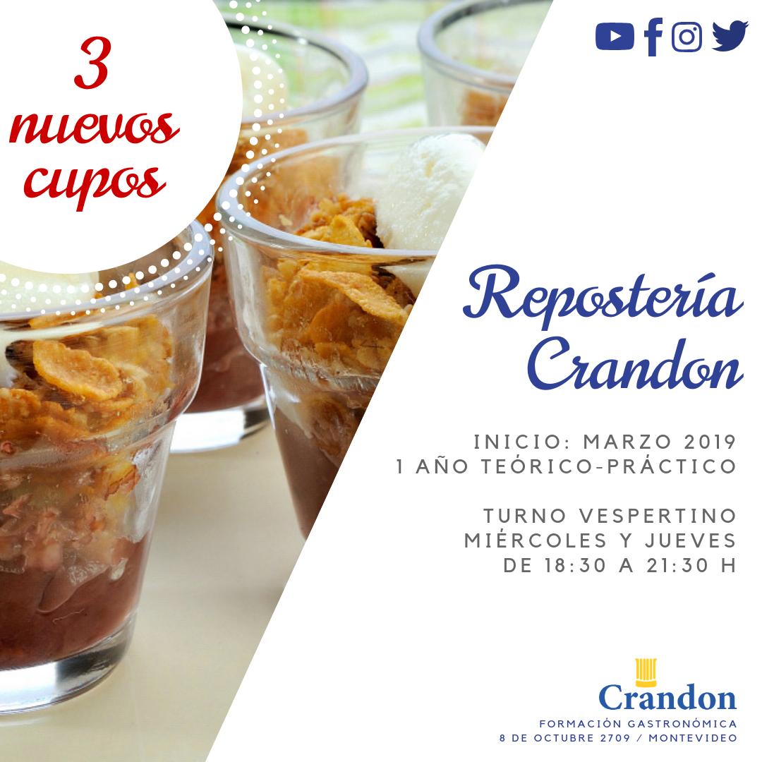 Crandon Gastronómico (@crandongastron) on Twitter photo 3 nuevos cupos para #ReposteríaCrandon en el turno vespertino (miércoles y jueves de 18:30 a 21:30 h).
.
+ info: ecdom@crandon.edu.uy / 2487 2180 / Montevideo, Uruguay
#CrandonGastronómico, la escuela de cocina que asesora a #MasterChefUruguay 3 nuevos cupos para #ReposteríaCrandon en el turno vespertino (miércoles y jueves de 18:30 a 21:30 h).
.
+ info: ecdom@crandon.edu.uy / 2487 2180 / Montevideo, Uruguay
#CrandonGastronómico, la escuela de cocina que asesora a #MasterChefUruguay