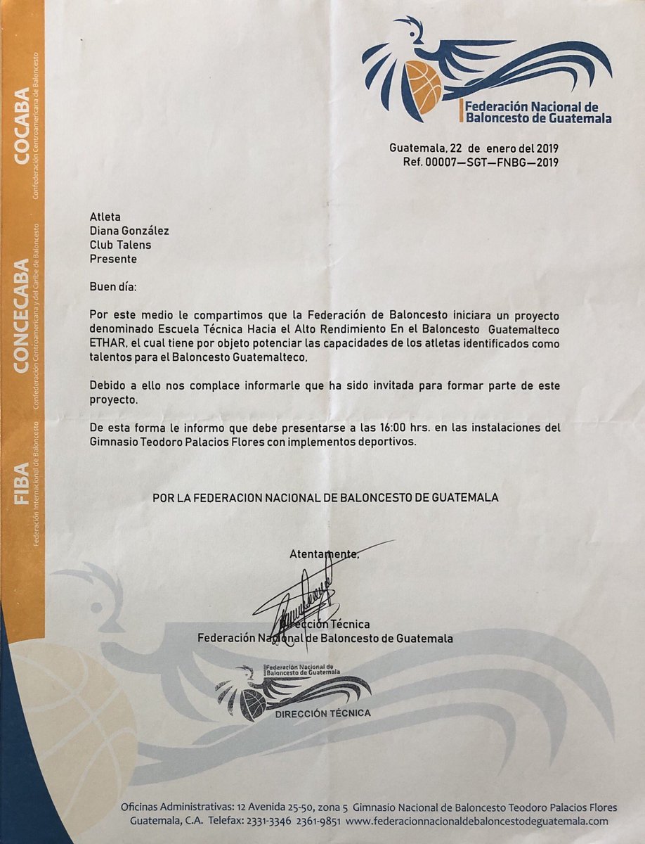 wp_gonzalez's tweet photo. 1/22/2019: A new era starts.
Diana has been invited to the new Technical School Towards High Performance (#ETHAR) of young talented basketball athletes in #GUA.
Good luck to the new project of #FNBG and to the selected group of girls!
🏀🇬🇹 #GoingForMore https://t.co/K1KUnq9YxG