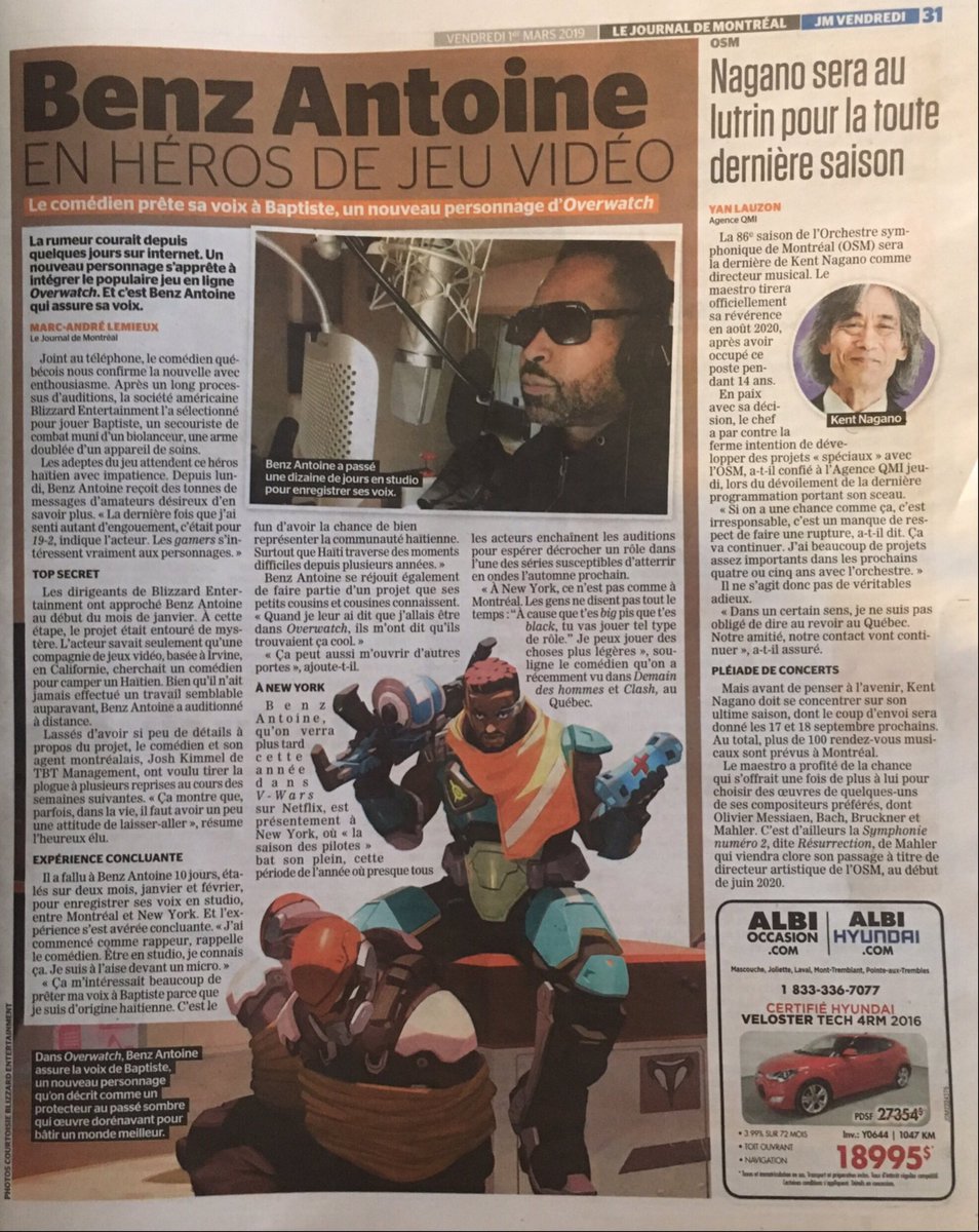 benzantoine's tweet photo. 'Baptiste' made the paper today in Montreal! #overwatch #haiti #overwatchgame #blizzard #blizzardentertainment #Montreal #blizzardgames #ActorsLife #gaming #videogames #Baptiste #hero30 #Haitianactor #Actor #benzantoine #tbt #tbtmanagement #benzeL @Blizzard_Ent @AndreaToyias https://t.co/A03CY5KBuE