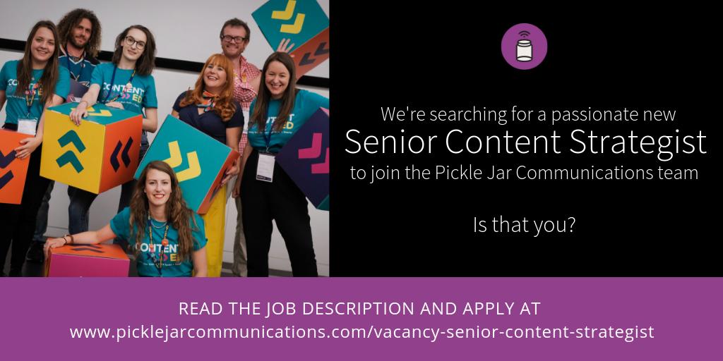 I'M HIRING! Join my amazing, compassionate and HUGELY intelligent colleagues and I to advance #contentstrategy and #contentoperations in the education sector. We're hiring a new Senior Content Strategist <a href="/picklejar/">Pickle Jar Communications</a> (deadline 22/3/19)

picklejarcommunications.com/vacancy-senior…
