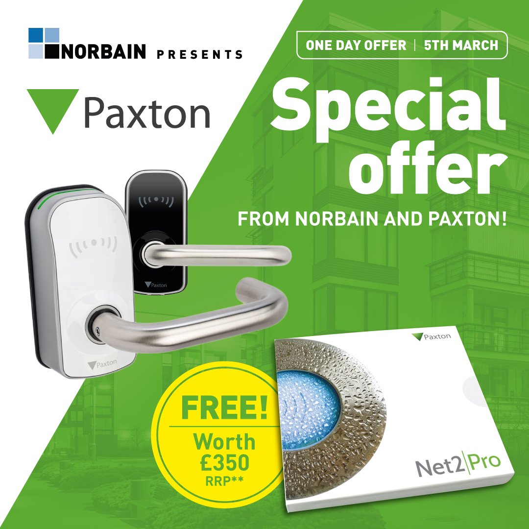 Norbain's tweet photo. Get the Net2 Pro Software (worth £350 RRP) for free when you buy either the 900-100WT or 900-100BL Net2 PaxLock Pro for £250 on the 5th March! More info: https://t.co/X5uTXcaCMz
#onedayoffer #getyours #paxlockpro https://t.co/80tfZ5bJzR