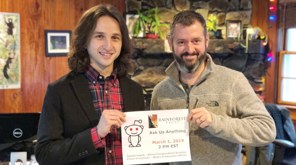 RainforestTrust's tweet image. Want to ask @RainforestTrust anything? James Lewis, our Africa Conservation Director, and Ethan Freedman, our Media Production Officer, will be answering questions about #endangeredspecies, #climatechange and #conservation on a @reddit #AMA at 2 PM EST.