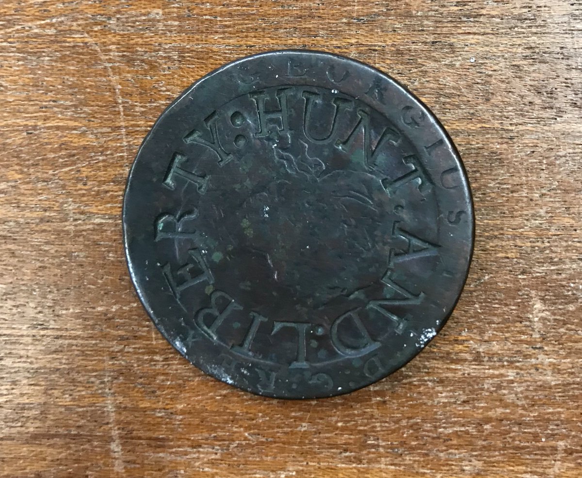 Spent a remarkable afternoon at the  @FitzMuseum_UK today looking at a new collection of modern countermarked currency that's being developed by  @Ricardonlund. Among which: this 1797 George III penny countermarked for the Peterloo Massacre—PETERLOO MURDER AUG 16 / HUNT AND LIBERTY