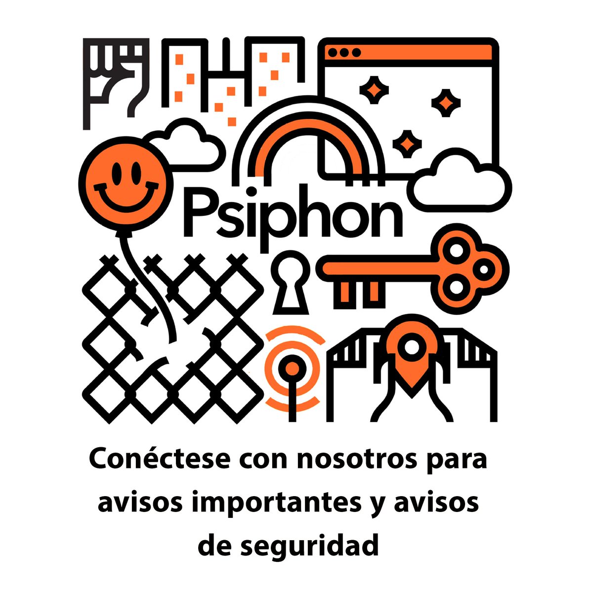 Conéctese con nosotros para avisos importantes y avisos de seguridad.
Facebook: bit.ly/PsiphonEspanol 
Instagram: instagram.com/psiphon_es/