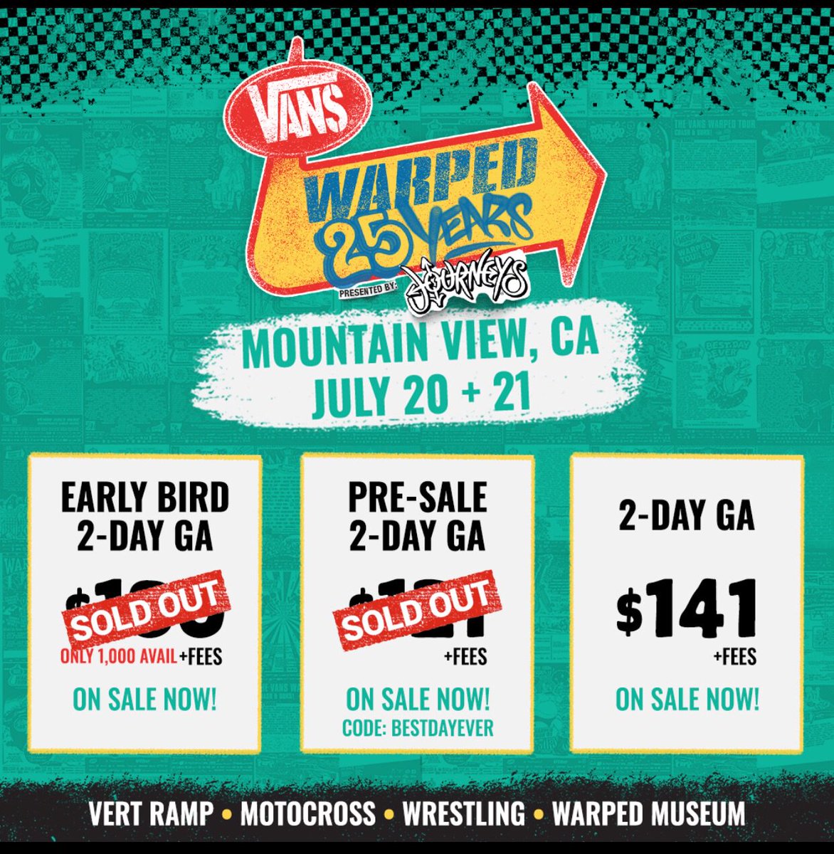 I’m happy to announce that The Violents & I are coming to Atlantic City, NJ on June 29/30 & Montainview, CA on July 20/21 for the 25th Anniversary of the @VansWarpedTour ! 
Tickets on sale now vanswarpedtour.com
see you there!xofrnk
#vanswarpedtour #warpedtour #foreverwarped
