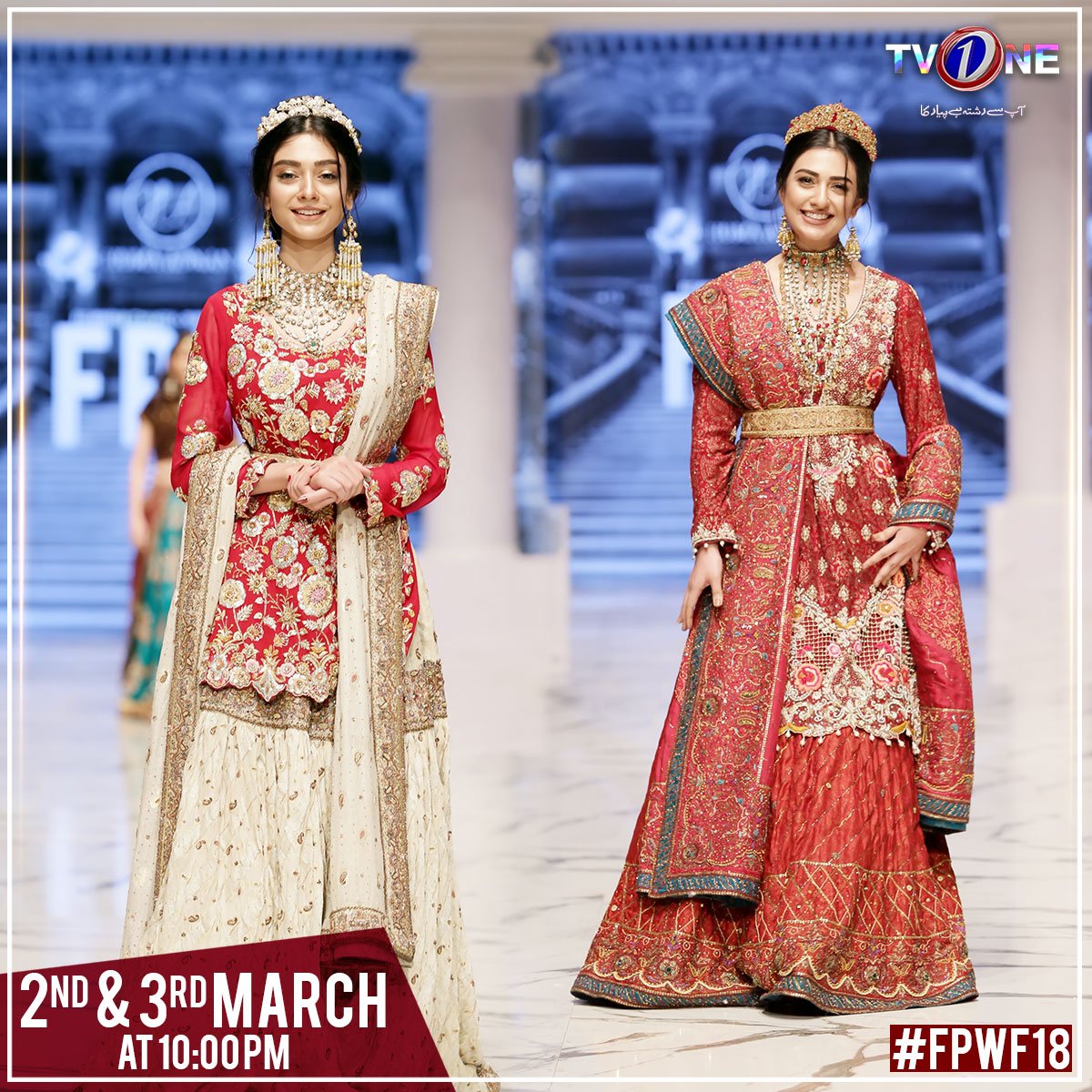 TVOnePk's tweet photo. #HumaAdnan presents her collection ‘Tales of #Dheradun Showstopper #SarahKhan, #NoorKhan
#TvOnePk #FPWF18 https://t.co/eRRgRvyTra