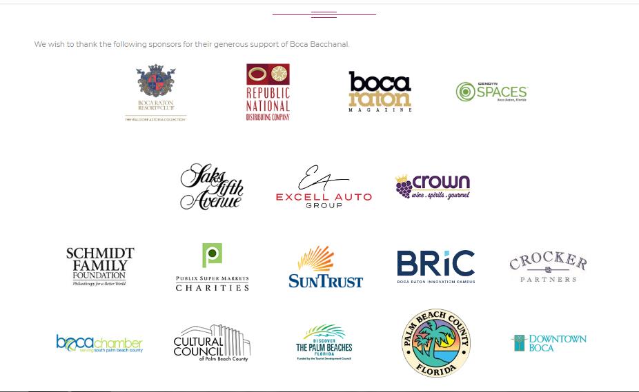 bocabacchanal's tweet photo. Thank you to all our sponsors for this year’s Boca Bacchanal!  #bocamag #RNDC_USA #crownwine #bric #bocaresort #excellauto #publix #suntrust #schmidtfamilyfoundation #cendyn https://t.co/P2Mn4nPPqe