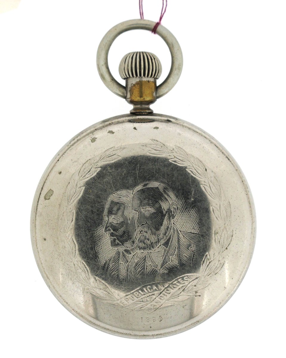 nawccmuseum's tweet photo. 130 years ago today Benjamin Harrison was inaugurated as the 23rd President. The case of this circa 1888 #Waterbury Watch Company long wind #pocketwatch features Harrison and his running mate Levi Morton. #objectoftheday #BenjaminHarrisonDay https://t.co/tJ29RX3orW