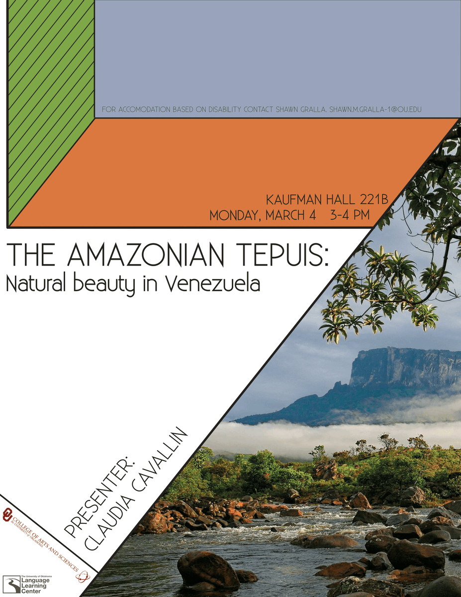 OU_MLLL's tweet image. Arts and Sciences week starts Monday! Please join us for the following events on Monday:
Brazilian Urban Music Styles - 10 am in Kaufman 221B
The Amazonian Tepuis - 3 pm in Kaufman 221B