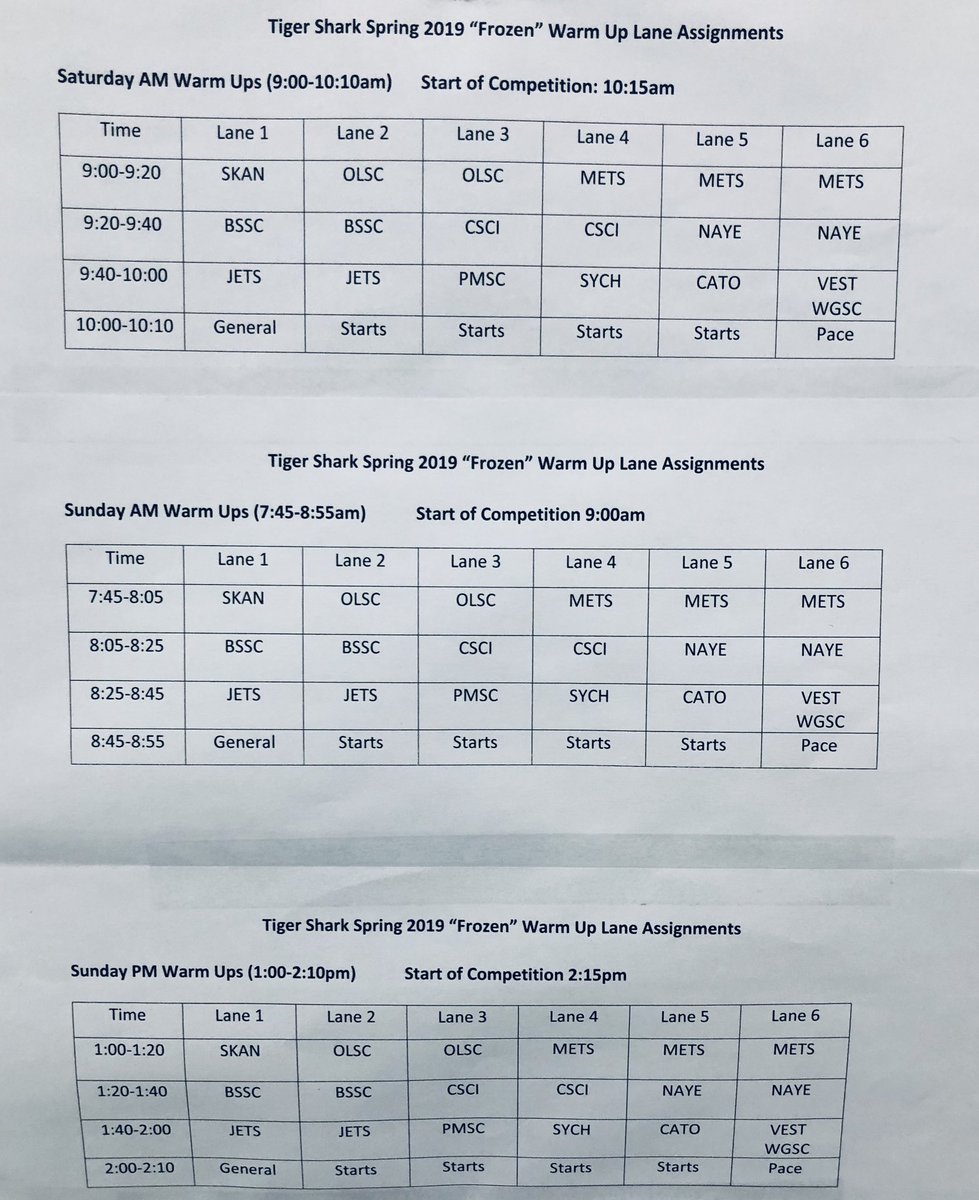 MexTigerSharks's tweet photo. Warm up lanes &amp; times for our meet this weekend. Please be on time! @niswimlsc https://t.co/fobZlpxUgl
