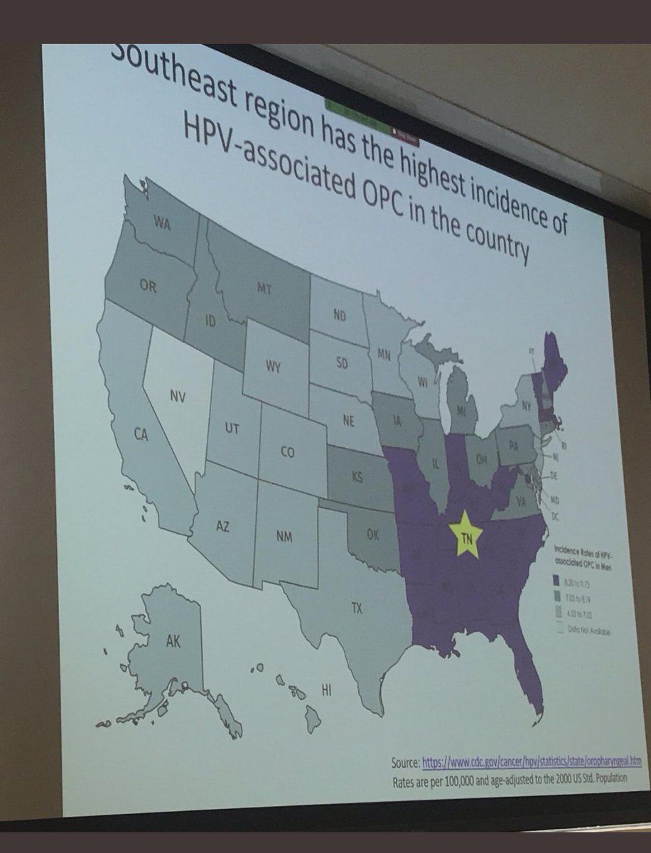 85% of #HPV oral pharyngeal cancers occur in men. Tennessee is at the epicenter of this emerging epidemic and our #HPVVaccination rates are some of the lowest in the US. #HPVCancer is preventable. #HPVACT19 @VUMC_Cancer