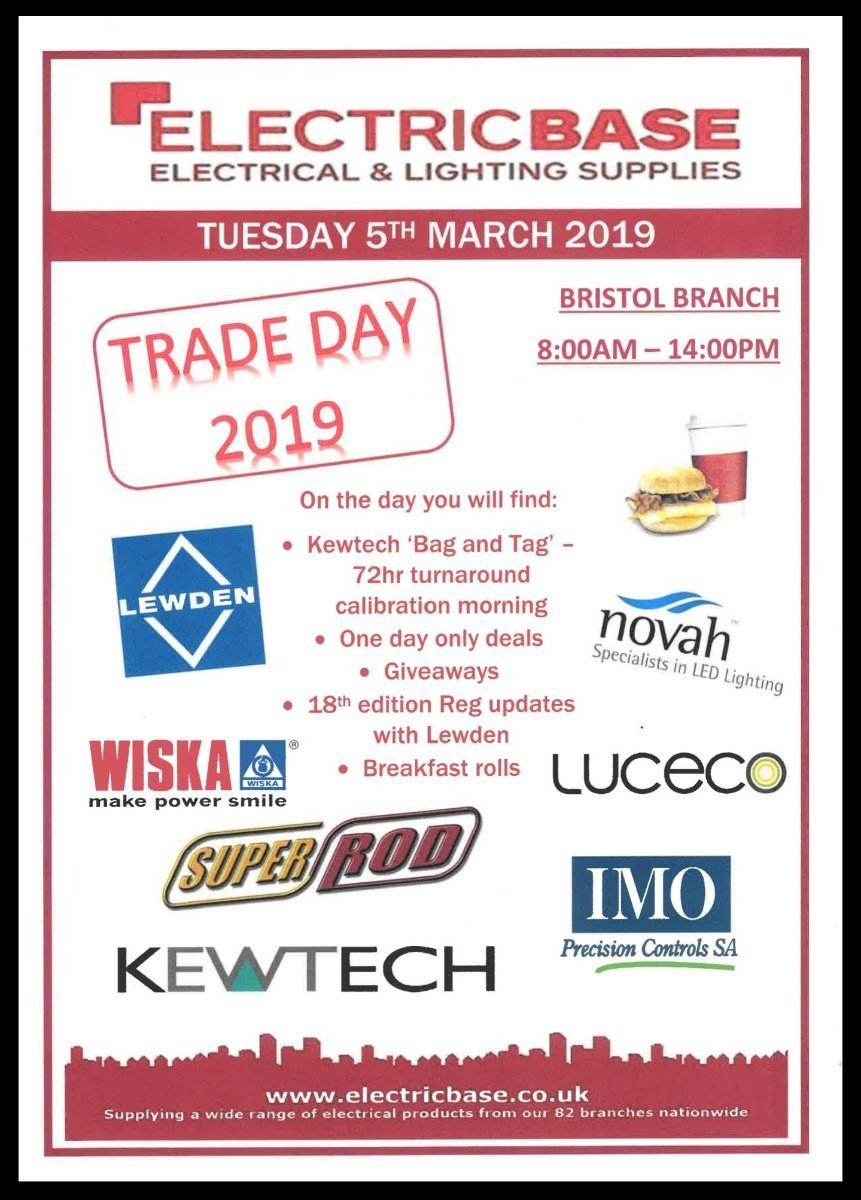 #Bristol branch have a trade day on Tuesday 5th March, head on over for a visit! <a href="/lewden_elec/">Lewden</a> <a href="/wiskaukltd/">WISKA UK</a> <a href="/superroddsu/">SuperRodDSU</a> <a href="/kewtechcorp/">Kewtech Corporation</a> <a href="/lucecogroup/">Luceco Group</a> <a href="/novah_ltd/">Novah Ltd</a> and IMO Precision Controls will all be there, what a line up! #workingtogether #electrician #electrical #tradeday