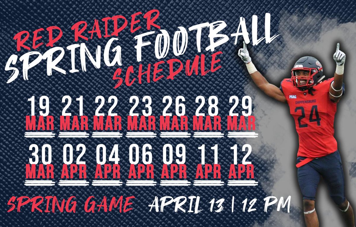 FB: <a href="/ShipFootball/">Shippensburg University Football</a> has confirmed its 2019 spring practice schedule. There are 14 practice dates, concluding with the Spring Game on Saturday, April 13 at noon at Seth Grove. 

Read more: shipraiders.com/news/2019/3/1/…