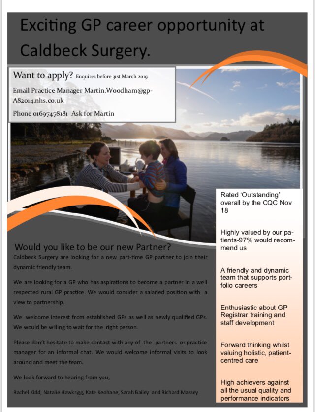 CaldbeckSurgery's tweet photo. Exciting GP career opportunity at Caldbeck. Phone 01697478254. Ask for Martin Woodham. https://t.co/e49UPTtGu6