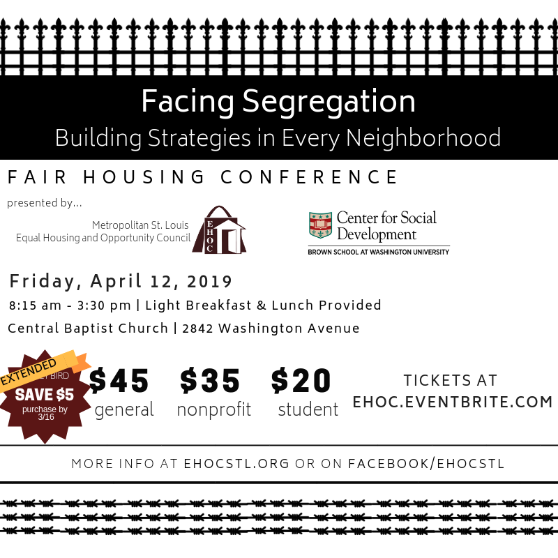 ehocstl's tweet photo. We're extending our #EarlyBird pricing for two more weeks! This is a great chance to save some money on attending the conference. Get your tickets at https://t.co/zOHl7aqp4p  #FairHousing #FacingSegregation https://t.co/7ivIuAq2gr