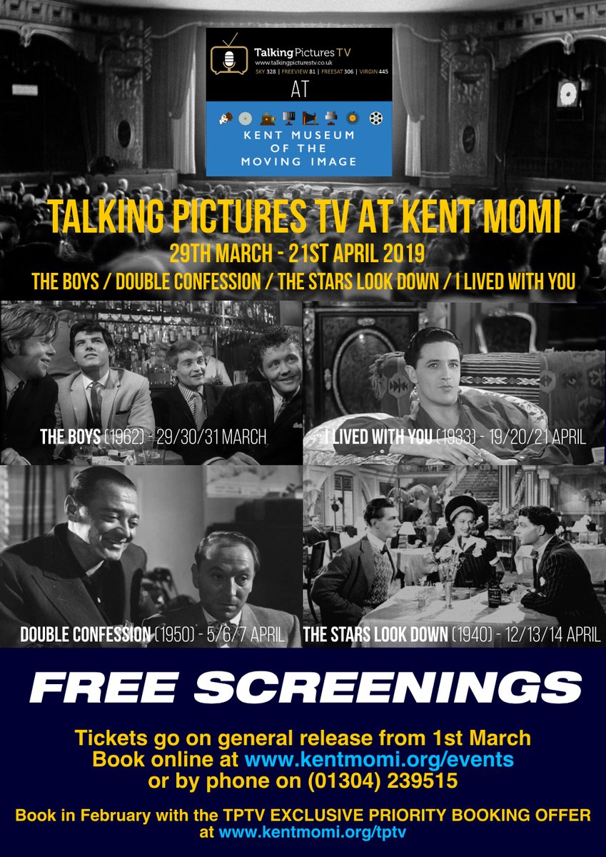Good news for fans of <a href="/TalkingPicsTV/">Talking Pictures TV</a>! Open booking for 'Talking Pictures TV at Kent MOMI' has arrived! Screenings are free, but places are limited! So grab yours now, before they're gone! Details and booking info at kentmomi.org/tptv