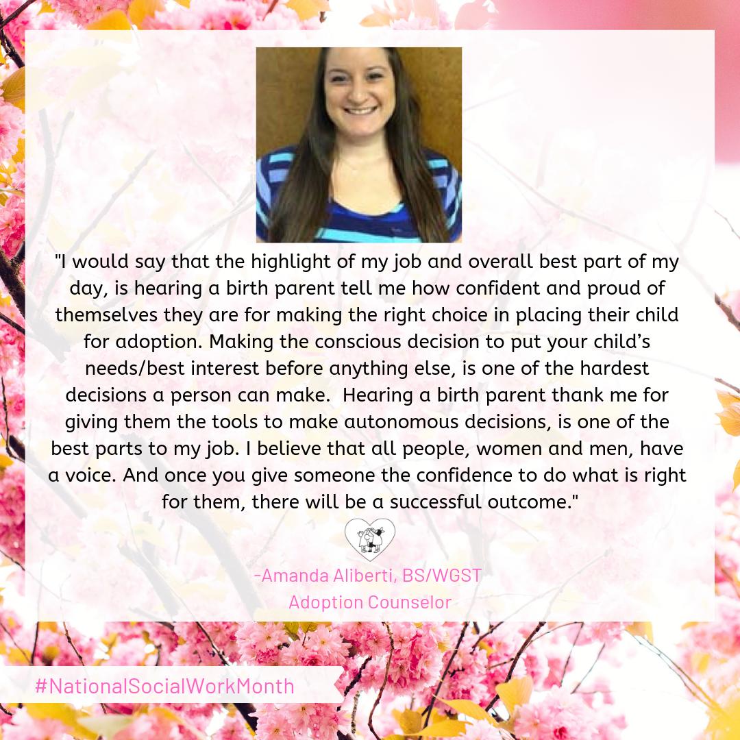Here's why Amanda Aliberti loves what she does #NationalSocialWorkMonth #AdoptionTriad #AdoptiveParents #BirthParents #Adoptees #Family #AdoptionsFromTheHeart #AFTH #OpenAdoption #SocialWorkers #WeLoveOurSocialWorkers #SocialWorkerLove #JobLove #MakingADifference