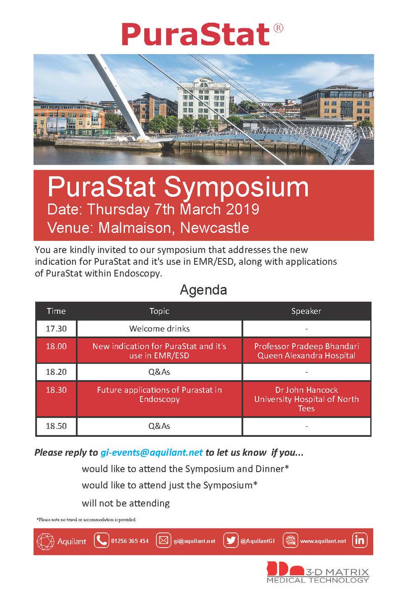 AquilantGI's tweet photo. Are you attending BSG Endoscopy Live? Would you like to learn more about @purastat? We are holding an evening symposium on 7th March - please email us know if you would like to attend! #endoscopy #delayedbleeding #EMR #ESD #notjustanotherhaemostat #peptidesatwork #BSGEL2019 https://t.co/YCsXH2E7CH