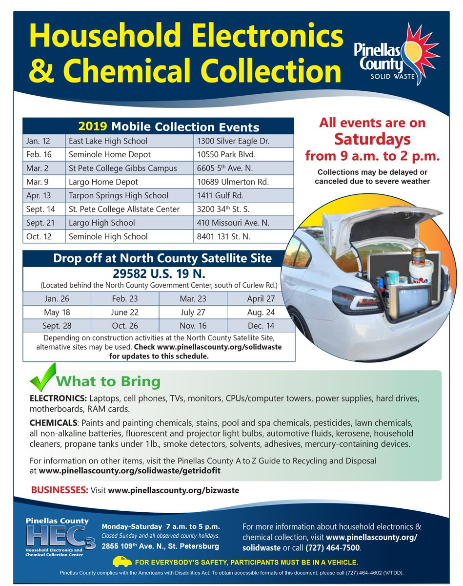 PinellasGov's tweet photo. Need to trash electronics or chemicals? Tomorrow is Mobile Collection day at St. Pete College Gibbs Campus from 9am to 2pm. The address is 6605 5th Ave N, St. Petersburg, FL 33710. #MobileCollection #Electronics #Chemicals #Household #SWPinellas https://t.co/3CEzp4yoIb