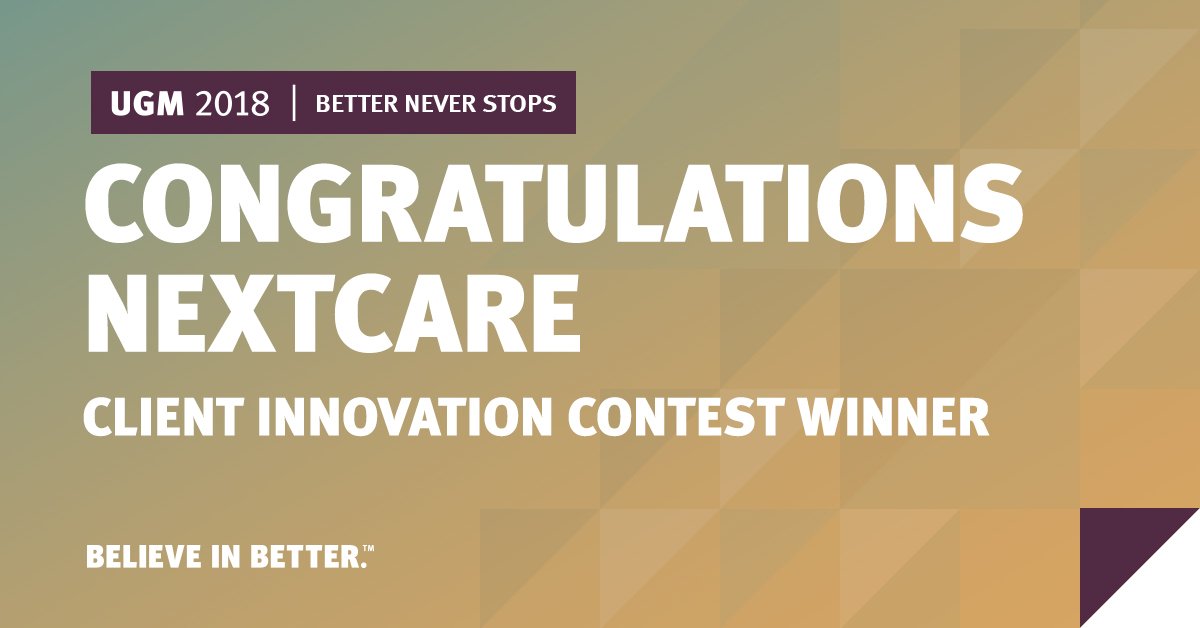 NextGen's tweet photo. At #NGUGM18, @NextCare won our Client Innovation Contest for their integration of Google Maps into templates to identify and providing driving directions to nearby pharmacies! #BelieveinBetter https://t.co/MasZgF7a06