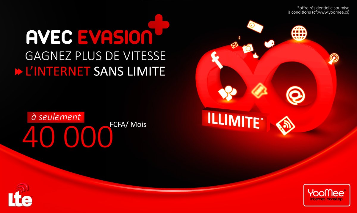 YooMeeCI's tweet photo. Aimeriez-vous profiter d'une plus grande capacité de téléchargement? 
Profitez de l'offre YooMee évasion+ l'Internet illimité.
Partagez vos vidéos avec votre famille et vos amis.
Jouez plus longtemps en ligne.
Pour plus d'info nous contacter au :21 51 50 00 / 43 47 87 38 https://t.co/UXY0yIzONL