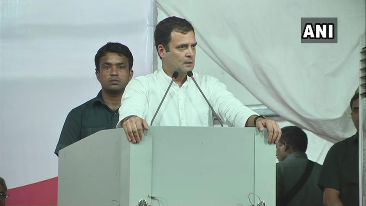ANI's tweet photo. Congress President Rahul Gandhi in Mumbai, earlier today: I challenge Narendra Modi ji to debate me on corruption. He doesn't accept the challenge because he is a coward. https://t.co/wYa6ezkZQn