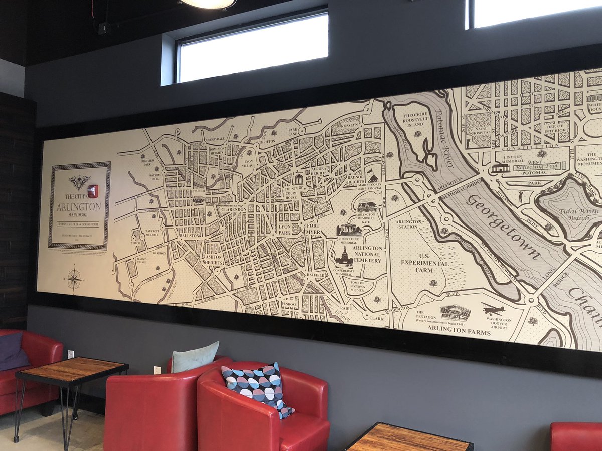 TinLizzieBikes's tweet photo. Happy to see that Idido Coffee finally opened on #columbiapike and excited about this 1930s map of #ArlingtonVA on the wall! Now I need to find the history on the experimental farm. 🐑🐄🌱🌾 https://t.co/jJ8BB14kGJ