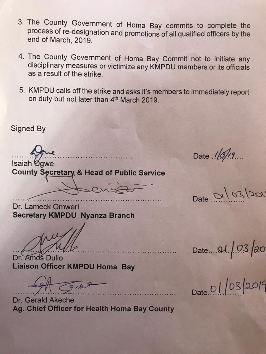 KMPDU-Nyanza (@kmpdun) on Twitter photo Homa Bay doctors get their way. Strike called off as @HomaBayGovt accedes to demands. <a href="/Dalafmkenya/">Dala FM Kenya</a> <a href="/Radio_Maisha/">Radio Maisha</a> <a href="/RamogiFM/">RamogiFM</a> <a href="/TheStarKenya/">TheStarKenya</a> @dailynation <a href="/osurikevin/">Dr. Osuri Kevin Jr.</a> <a href="/simonkigondu/">The Kenyan Gyne (#HealthServiceCommission)</a> <a href="/ovngani/">Dr Victor Ng'ani 🇰</a> <a href="/KenyaMedics_KMA/">Kenya Medical Association</a> <a href="/OrokoSamuel/">Dr. Oroko Obegi</a> <a href="/StandardKenya/">The Standard Digital</a> <a href="/daisy_korir/">Daisy Korir</a> <a href="/MOH_Kenya/">Ministry of Health</a> Homa Bay doctors get their way. Strike called off as @HomaBayGovt accedes to demands. <a href="/Dalafmkenya/">Dala FM Kenya</a> <a href="/Radio_Maisha/">Radio Maisha</a> <a href="/RamogiFM/">RamogiFM</a> <a href="/TheStarKenya/">TheStarKenya</a> @dailynation <a href="/osurikevin/">Dr. Osuri Kevin Jr.</a> <a href="/simonkigondu/">The Kenyan Gyne (#HealthServiceCommission)</a> <a href="/ovngani/">Dr Victor Ng'ani 🇰</a> <a href="/KenyaMedics_KMA/">Kenya Medical Association</a> <a href="/OrokoSamuel/">Dr. Oroko Obegi</a> <a href="/StandardKenya/">The Standard Digital</a> <a href="/daisy_korir/">Daisy Korir</a> <a href="/MOH_Kenya/">Ministry of Health</a>