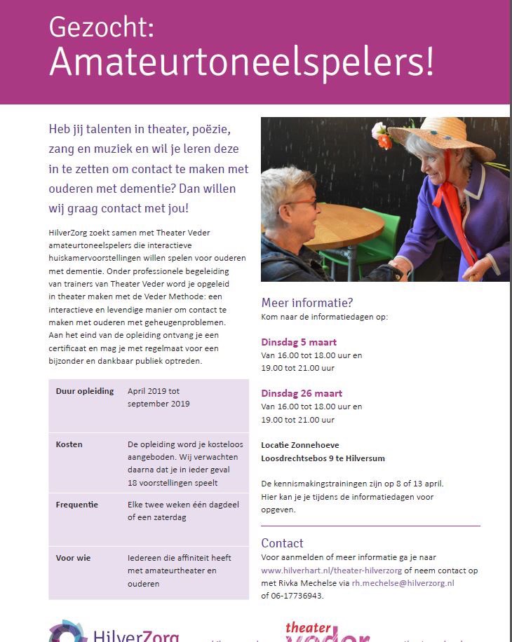 Ben je of ken je amateur toneelspelers in de regio Hilversum? Dan zoeken we jou voor Theater Veder bij <a href="/HilverZorg/">HilverZorg</a>! Kom dan naar de info avonden op 5 en 26 maart. Tot dan!
Delen = ❤️
#vrijwilligers #VederMethode #veerkracht #amateurtheater #Hilversum #HilverZorg