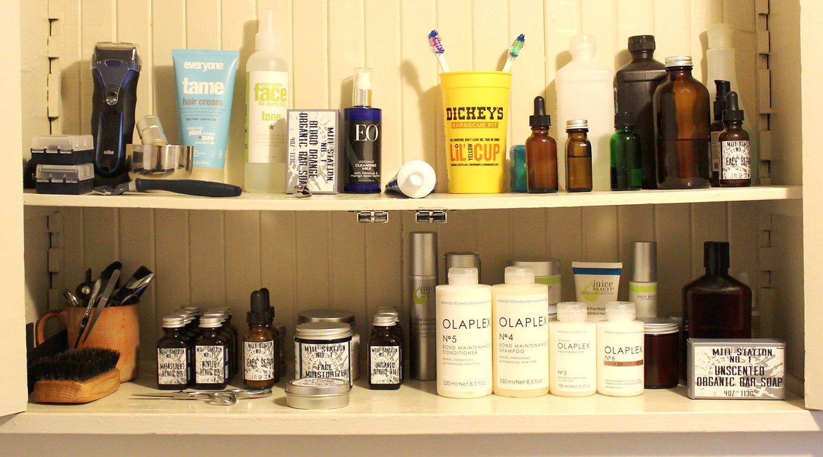 MillStation's tweet photo. Ever wonder what is in your founders bathroom cabinet.  You can see all the products that both Co-Founders Elizabeth and Reef use.  #millstation1 #olaplex #juicebeauty #EOproducts #everyoneproducts #organicskincare #organicbeardcare https://t.co/Znvksa77at