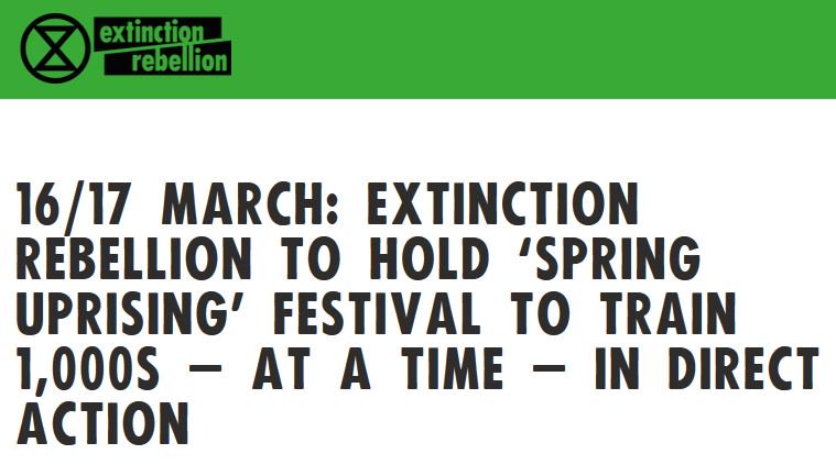 ExtinctionR's tweet image. The weekend of 16/17 March in Bristol, #ExtinctionRebellion will put on its first ever festival of rebellion - dubbed #SpringUprising - at which up to 1,000 people at a time will be trained in peaceful nonviolent civil disobedience.

PRESS RELEASE 📰🗞️: rebellion.earth/16-17-march-ex…