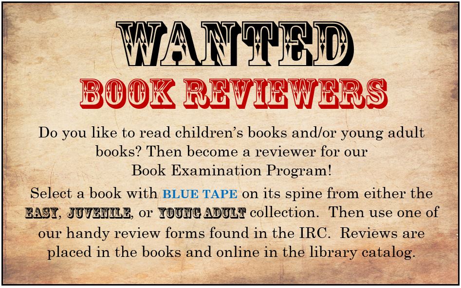 ConnLibrary's tweet photo. We are always looking for book reviewers to read and review kid's books and YA books in our collection.  If you are interested, contact the IRC at 402-375-7270 or irc@wsc.edu. https://t.co/6VSPEFxrCJ